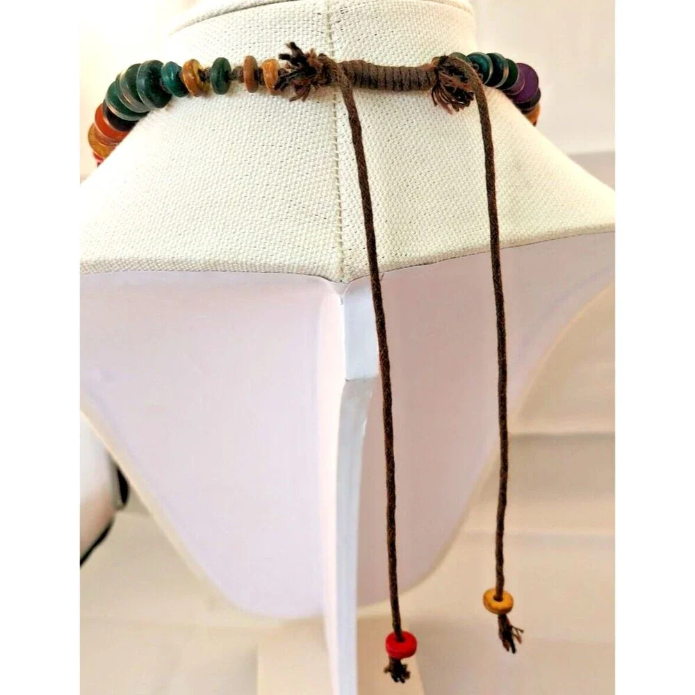 Ethnic Necklace Colorful Wood Disc Chunky Beaded 24 Inch Boho Costume Vintage